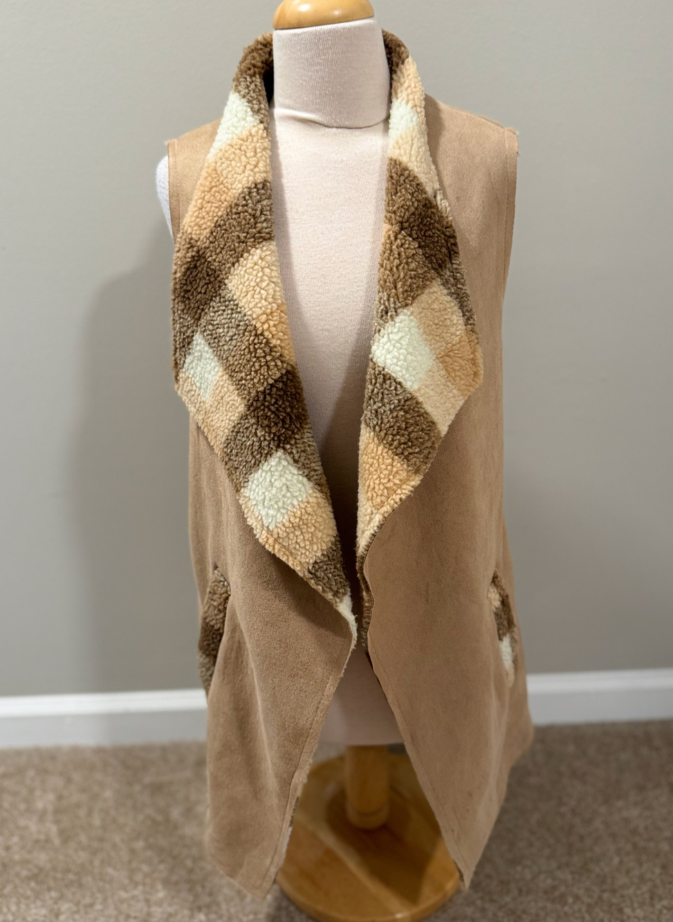 Andree by Unit Medium Vest Camel Faux Suede Shearling Open Duster Cargo Pockets